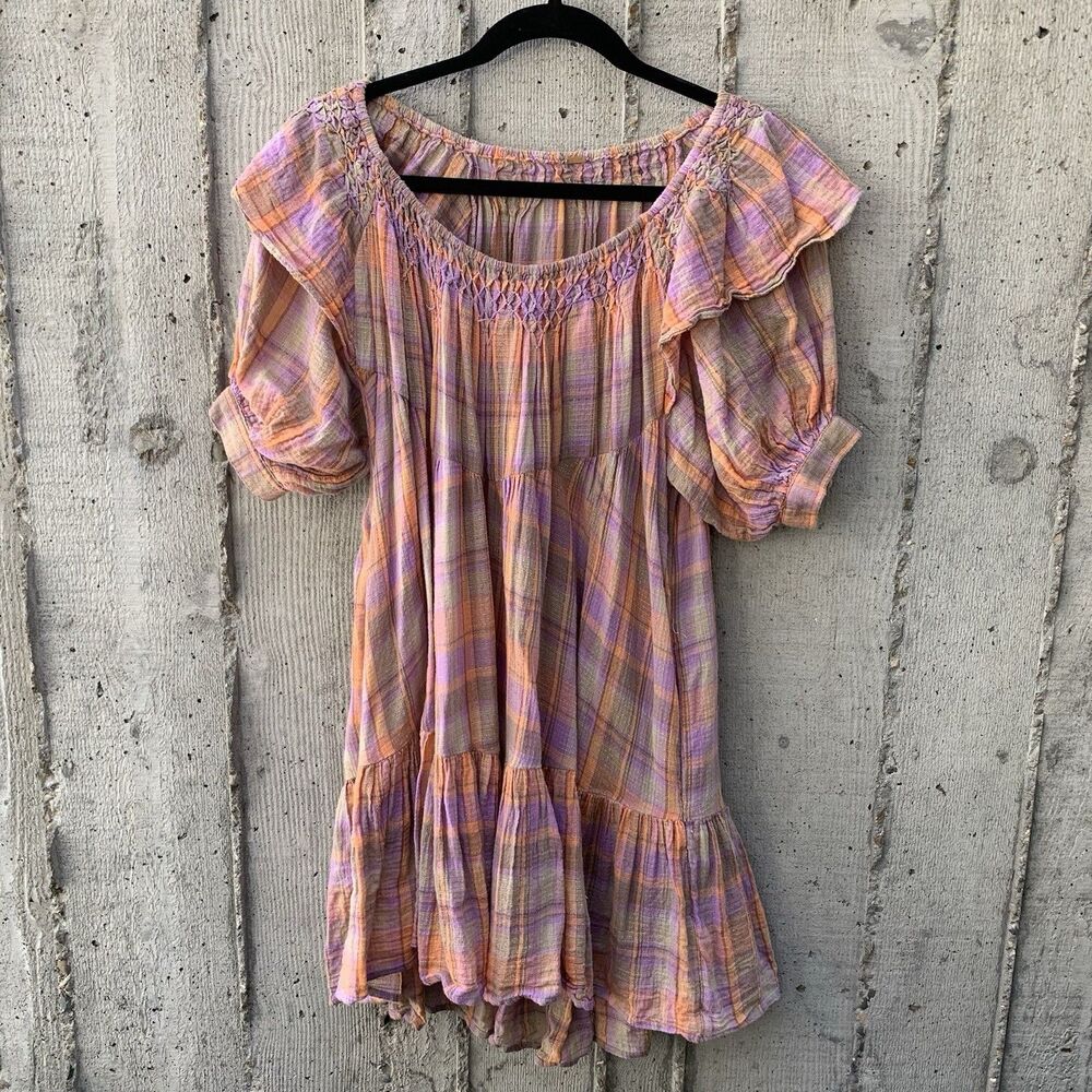 Free People Amelie Mini Dress Tiered Gauzy Plaid Picnic Prairie Western Boho XS - Picture 2 of 12